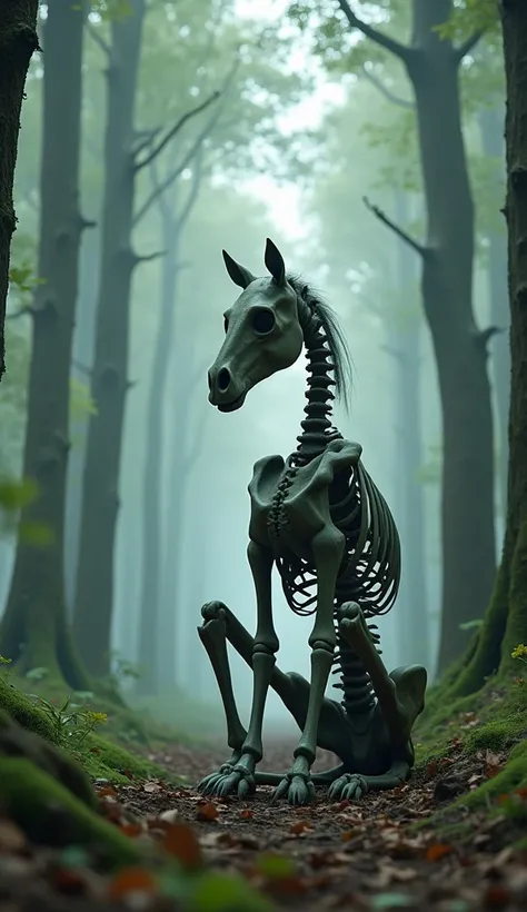 The image shows a skeletal horse in a seated position amidst a tranquil forest, evoking a surreal and eerie atmosphere. Heres a prompt based on it:

"A skeletal horse sitting on a forest floor, surrounded by lush green trees and a serene, misty atmosphere....