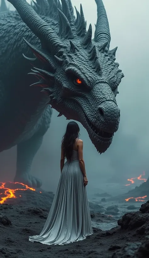 A dragon with detailed black and gray scales, a huge face close to a human figure. The human is a woman, dressed in a long silvery, elegant, flowing gray dress, standing confidently in front of the dragon. The setting is dramatic, with constant lava, smoke...