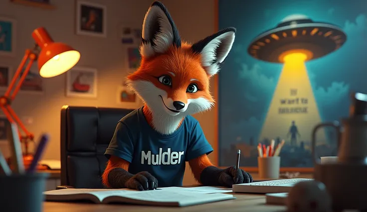 a fox anthropomorphise, wearing a t-shirt with "Mulder"written on it very visible to read, sitting at his desk working with a big poster of a flying saucer behind him "I WANT TO BELIEVE" on the poster, striking vivid colors eye-catching, masterpiece,award ...