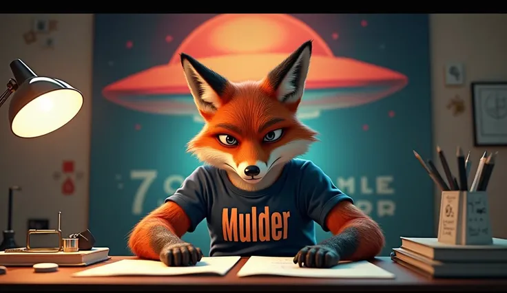 a fox anthropomorphise, wearing a t-shirt with "Mulder"written on it very visible to read, sitting at his desk working with a big poster of a flying saucer behind him "I WANT TO BELIEVE" on the poster, striking vivid colors eye-catching, masterpiece,award ...