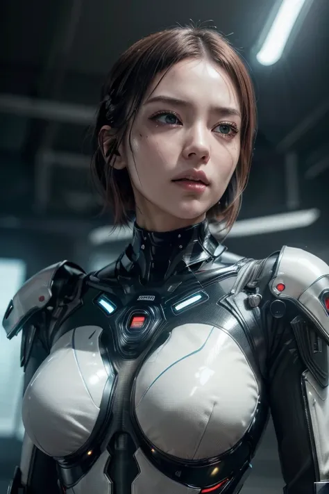 ((super-real photography: 1.5)), whole body, bust shot, Cyborg Girl, (beautiful face: 1.5), (Super cute: 1.5), (Babyface), well-balanced face, glossy lip, red short hair, slender body, cleavage, ((futuristic high-tech armor:1.5)), (intricate metalwork), se...