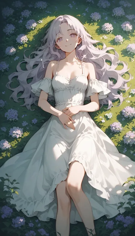 score_9, score_8_up, score_7_up, woman, long wavy hair, ((pale lavender hair)), small breasts, saggy breasts, soft smile, pretty eyes, morning light, flowers, lying in the grass, dew, white dress