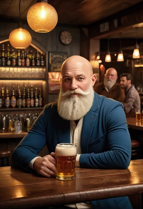 a bald man with a long white beard, sitting in a bar, drinking beer, celebrating, (best quality,4k,8k,highres,masterpiece:1.2),ultra-detailed,(realistic,photorealistic,photo-realistic:1.37),bar interior, glass of beer, festive mood, warm lighting, table, c...