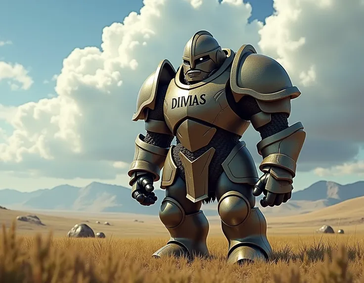 draw an armoured minion standing on the field more and the armor says dimas 