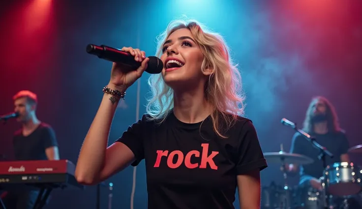 (Good quality, : 1.3),  technology to play keyboards and drums in the back , shout: 1, Light: 1.5,  hair stuck , Blonde: 1.3, ( holding a microphone : 1.2), Shirt with Rock written on it, Beautiful,, Super detailed face , White female singers singing in a ...