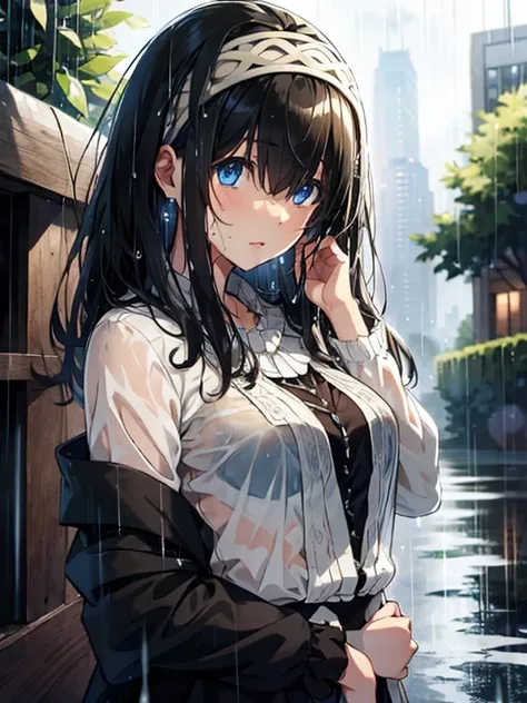  looking for something in an absurd ,(​masterpiece、top-quality、8k ), intricate detail, ultra-detailed、 cute beautiful girls、(Wet,Heavy Rain:1.5), white blouse , Black Tight Skirt、The bra is see-through,( composition from below :1.2),  upper body、 Looking i...