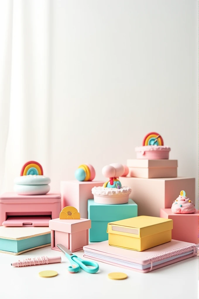  then mark with a pink shade with a printer , Little boxes , papers, agenda,  something symbolizing cake top like the rainbow , Then add scissors and the machine .  eat from the company Amor e Arte Personalized Stationery. with. white background