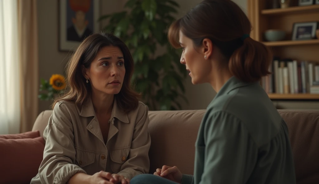  Two 30-year-old women in the living room talking with a worried look