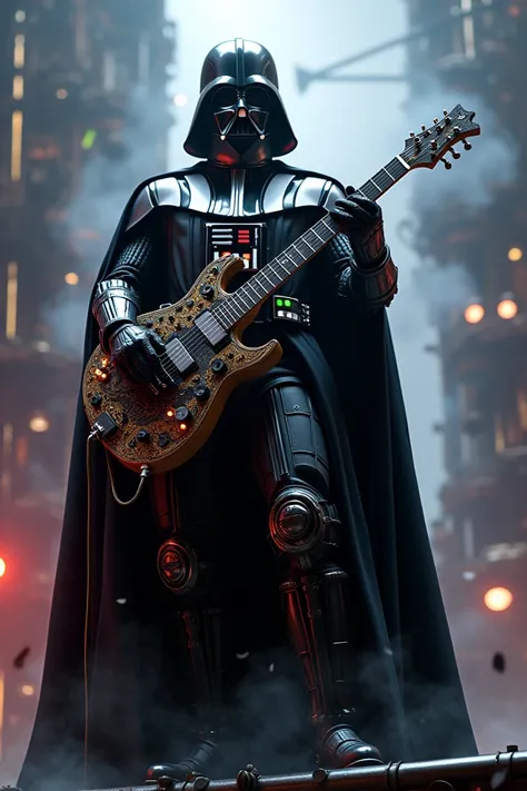 Dath vader com visual stempunk com uma guitarra com luzes de led em um palco de show de rock