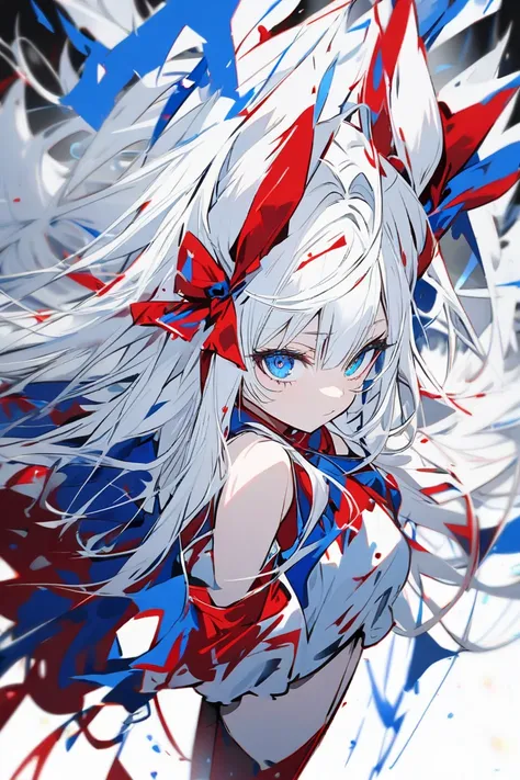 girl with white hair and blue eyes 　 long hair　 fox ears　One eye is red 　 one eye is blue