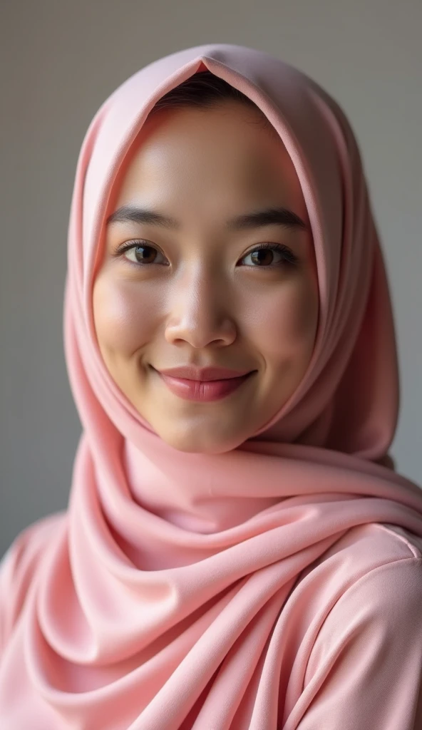 portrait photo of a beautiful Bandung girl wearing a hijab and dimples on her cheeks, (plain pink hijab), (portrait medium shot:1.3), dramatic light, Rembrandt lighting scheme, (hyperrealism:1.2), (8K UHD:1.2), (photorealistic :1.2), shot with Canon EOS 5D...