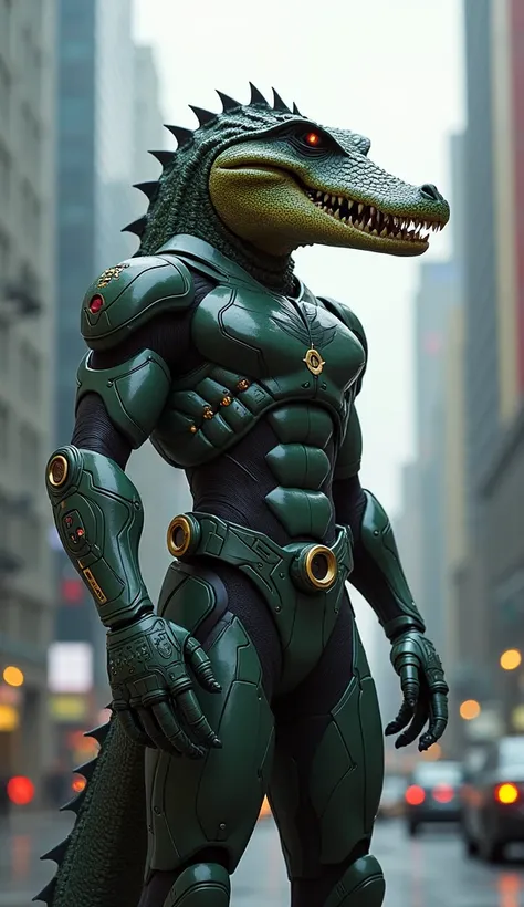 Cyborg DC superhero with crocodile head 