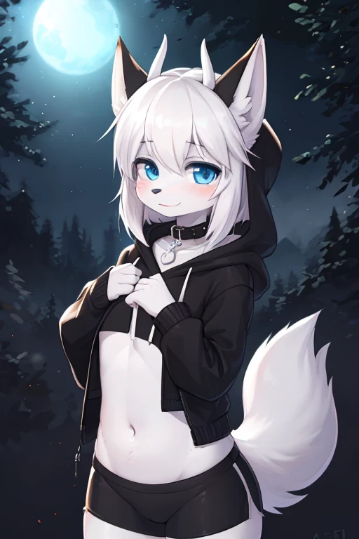 furry fox girl, white fur, cute, black clothes, white hair, blue eyes, hoodie, collar, white fluffy fox tail, big horns