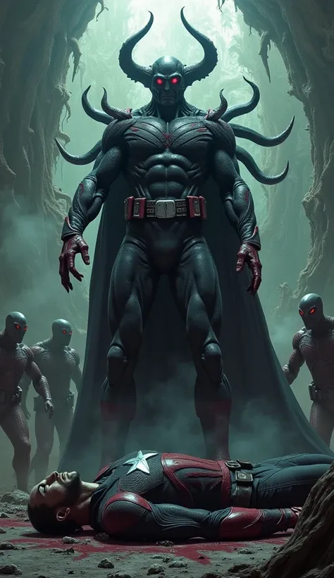 Make a realistic image where knul symbiont king wearing symbiont costume standing on the dead body of captain America and the background is knuls symbiont king chair and symbiont hunters present in background and the scene is so terrible 