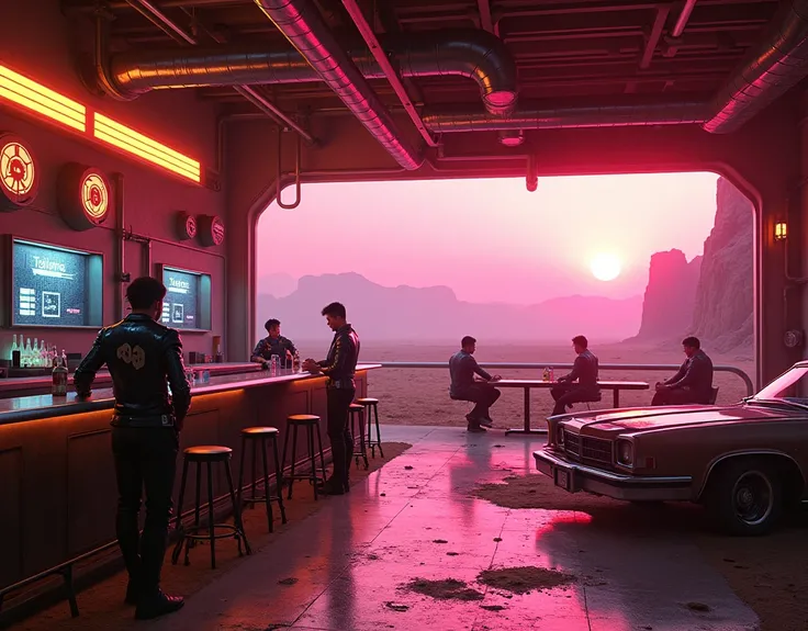 a retrofuturistic bar in a desert,neon lights,glowing pink and orange,abandoned car,detailed interior,industrial pipes,holographic signs,robots bartenders,futuristic technology,sci-fi atmosphere,dramatic lighting,cinematic mood,photorealistic,8k,highly det...