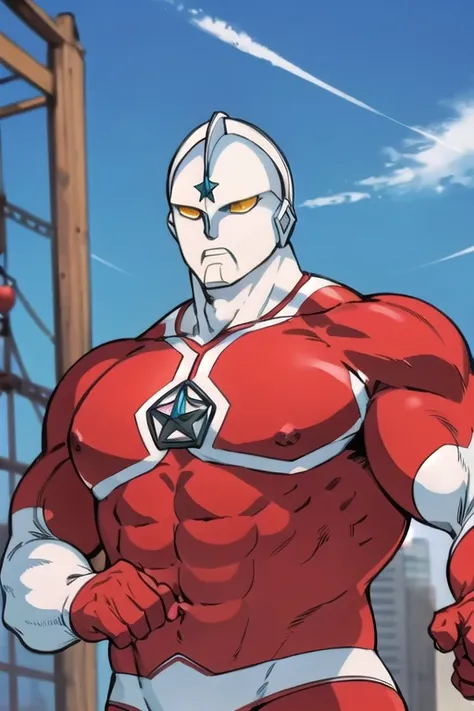 masterpiece,  best quality,(Realistic Touch), Ultraman,120m tall ,metallic skin ,  his bulge is very big,enormous. ultraman joneus ，strong  big body、Thick chest, manly  , Masculinity, strong，his bulge is shiny red,gigantic., Physically strong ,Thick chest,...