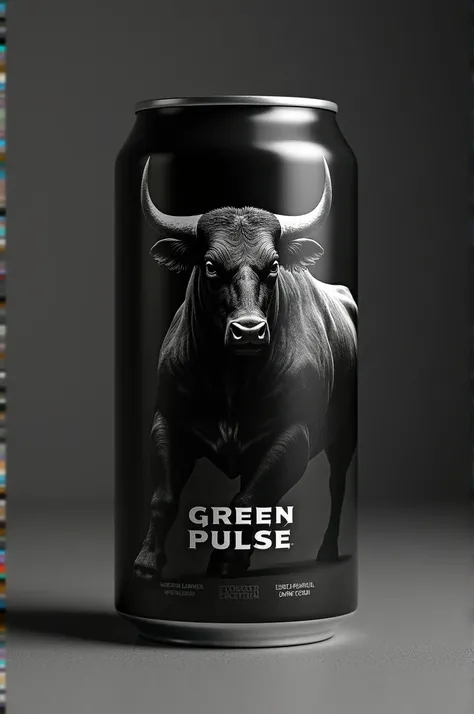 Make me a tin can that says Green Pulse that is an impressive black color and has a bull 