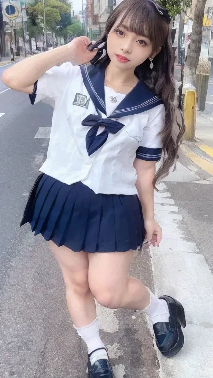 full body shot, from below,  japanese mature,  detailed face , Facial wrinkles, Wrinkles around the eyes, smile,  Detailed skin texture ,  white skin,  heavy makeup,  long hair, (curvy body,  plump thighs:1.3), ( school uniform,  sailor suit , JK_style, sh...