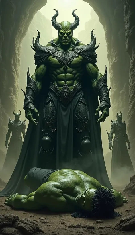 Make a realistic image where knul symbiont king wearing symbiont costume standing near the dead body of hulk and hulk remain dead on the feet of knul and the background is knuls symbiont king chair and symbiont hunters present in background and the scene i...