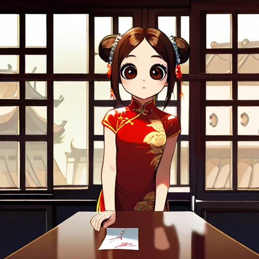 Illustration design,  long china dress with delicate letters ,  Window , table,  brown hair,  big eyes,  The long Chinese dress 