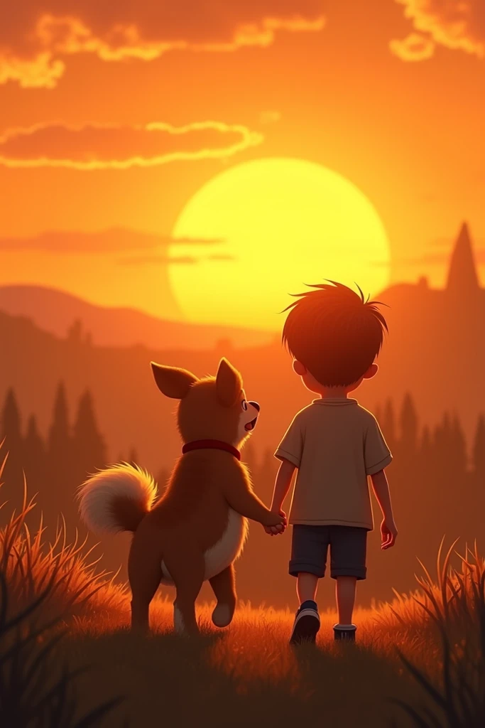 Image prompt: Timmy and Bobby walking hand in hand (or rather, hand in paw) towards the sunset, with a warm orange glow in the background.