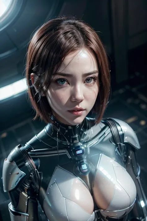 ((super-real photography: 1.5)), whole body, bust shot, Cyborg Girl, (beautiful face: 1.5), (Super cute: 1.5), (Babyface), well-balanced face, stunning eyes, luscious glossy lips, red short hair, slender body, (cleavage), clear flawless skin, ((futuristic ...