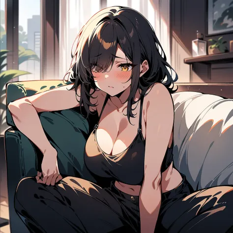 (masterpiece), best quality, expressive eyes, perfect face, perfect eyes, 1 woman, incredibly beautiful, big breasts, short browm hair, hair covers one eye, yellow eyes, black crop top, black pants, sitting on the couch, living room, tired