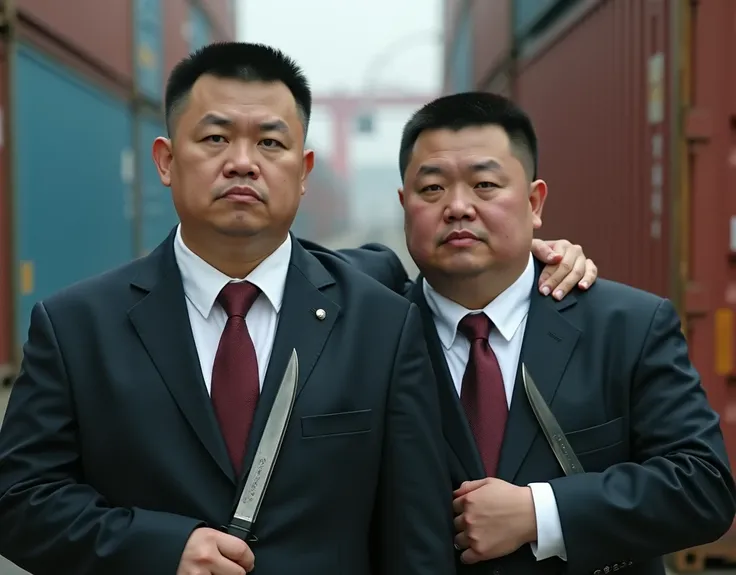  best quality,  facial focus, Ultra High Resolution, (Reality:1.4),  RAW Photo ,  two obese young Chinese men in suits，Short hair flat head，Lips tightly closed，Dark Red Ties 、 have a serious expression ， facing the camera，Container Terminal，Hug each other&...