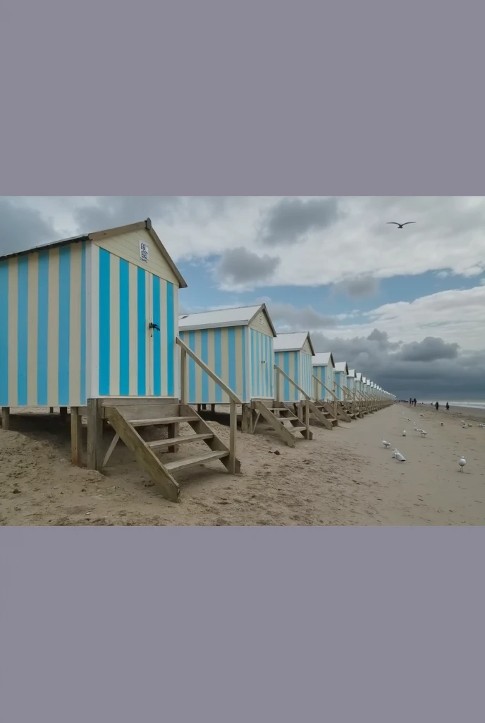 Panoramic view of beach, Hardélot-Plage, Côte dOpale, (light beige sand beach); blue and white striped beach huts, (stripe detail: 1.1); woman in swimsuit in water, (woman silhouette: 1.2); horizon, light orange sky (pastel pink setting sun), (blue gray wa...