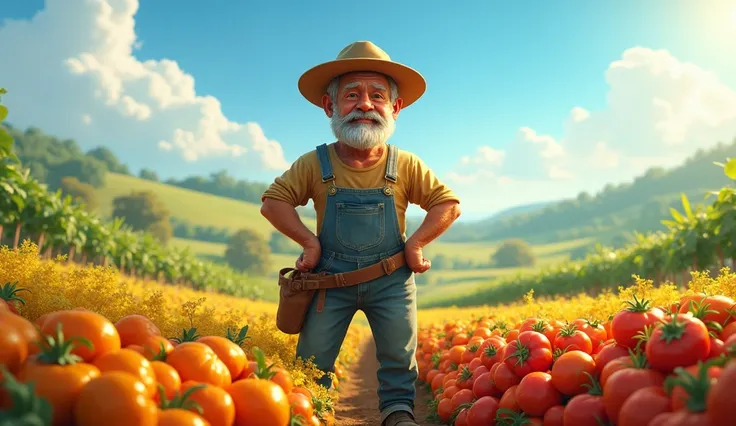 The farmer standing proudly beside his abundant harvest, a symbol of his success.