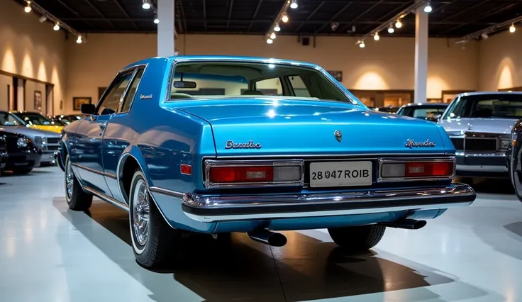  1978 plymouth horizon Shiny Blue Colour Back View in luxurious showroom 