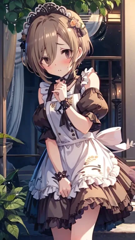 (  brown hair), I raised one side of my hair ,   from below, Maid headdress, (((  Masterpiece ))), ((textured skin)), (((    high detail    ))),  Its high definition  , cute,  Nice, Maid,   raised 1 hair in an apron dress, ((  Rose Garden  )), sunlight,Shi...