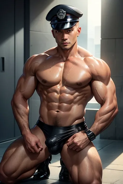 (Masterpiece, best quality, highly detailed eyes), asian shaved-head super-muscular officer wearing black speedo and police cap and holster is kneeling and looking back to me, drenched in sweat