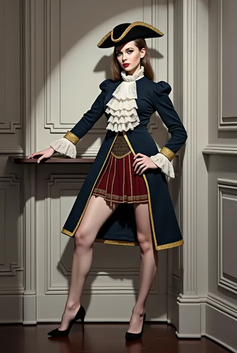 a misterious woman figure, dressed in 1710s Mens versailles Mens Suit. A Historical rococo costume with a navy blue frock coat, ,lace cuffs, big Lace ruffled Jabot Cravat, , tricorn hat , dark room
