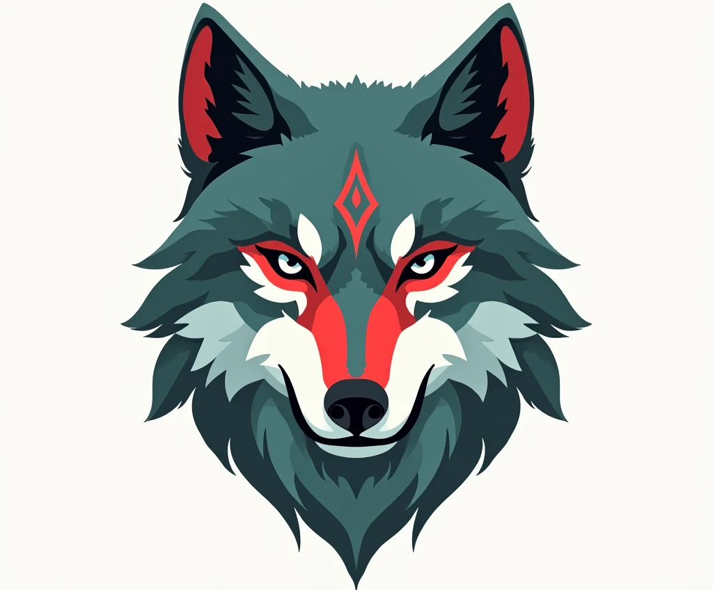 Create a bold and stylized illustration of a wolf’s head with a symmetrical design. Use sharp, geometric shapes and clean, crisp lines to define the wolf’s fur, ears, and facial features. Incorporate a cool-toned color palette, focusing on shades of teal, ...