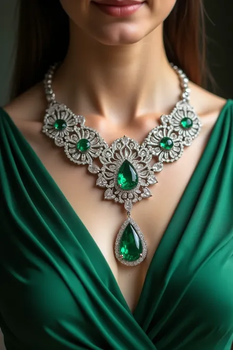 Design an elegant and elegant necklace made of diamond ring rows and in the middle an emerald in the shape of a waterdrop