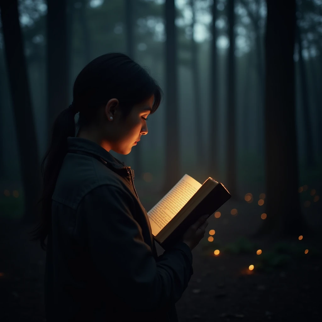  A person in profile holding an open book , against the background of a dark forest ,  and firefly lights with the division of a dark place and a living place with a happy life..  high resolution,  best quality, HD model, 