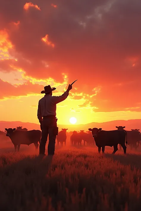 Prompt: "A cowboy standing tall in a wide-open field, raising a cattle horn to their lips. In the background, a herd of cattle starts to move, responding to the call. The sky is painted in vibrant oranges and pinks as the sun sets, creating a sense of dete...