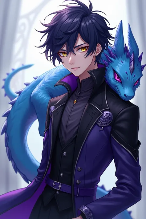  Generate a 17-year-old male anime-style character , wearing a black and purple overcoat ,  who has black and purple hair and next to him a blue baby dragon