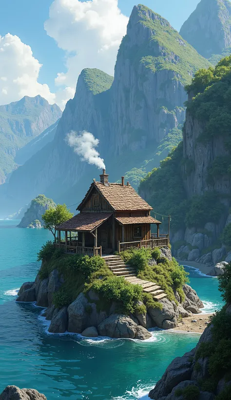 A small old island with house in mountains 