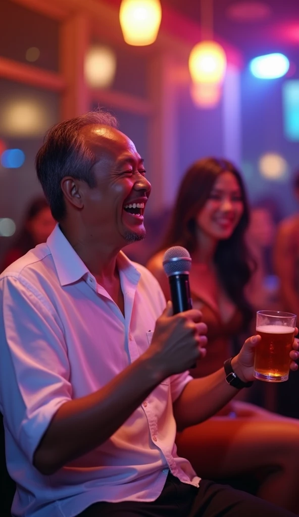 (photorealism:1.2), an Indonesian man, time,  30 years old ,  wears white shirt, sitting on sofa bar ,  right hand holding microphone , laughing face, di sampingnya wanita time sexy duduk minum bir,   set background karaoke room , colorful lights , the nig...