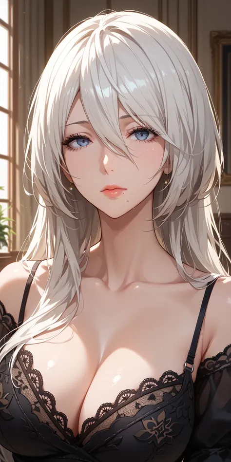 Score_9, Score_8_up, Score_7_up, Source_anime, anime art, anime style, very aesthetic, masterpiece, high quality, 1girl, cool character, mature woman, milf, curvaceous, mole under mouth, black lace dress, white hair, long hair, hair between eyes, expressio...