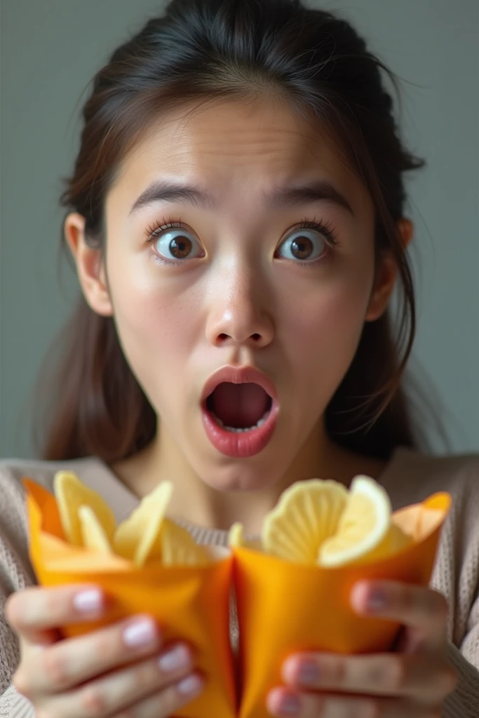 Create a realistic photograph of a 22-year-old girl with an open mouth and a shocked expression. She should be holding a packet of chips in each hand, clearly displaying the packaging. Her facial expression should convey genuine surprise, with wide eyes an...