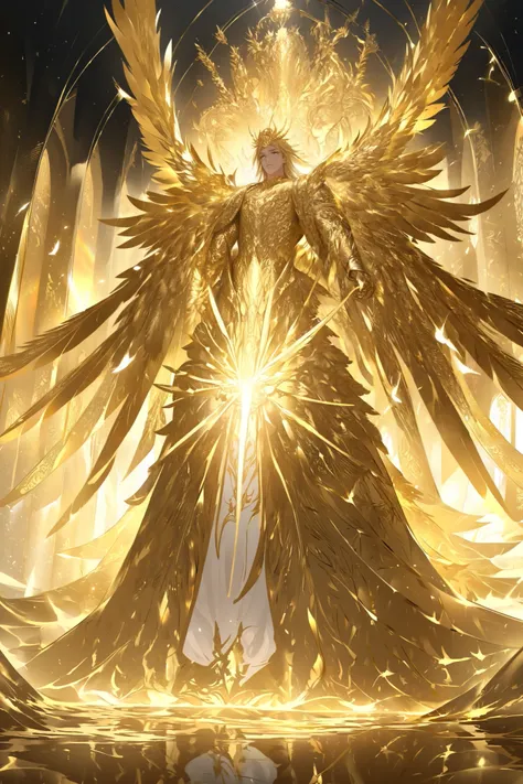  An imposing warrior , of divine presence ,  wears shimmering armor made of solid gold ,  with intricate details and carvings that radiate power and majesty .  His six enormous and majestic wings ,  covered with golden feathers with white reflections ,  op...