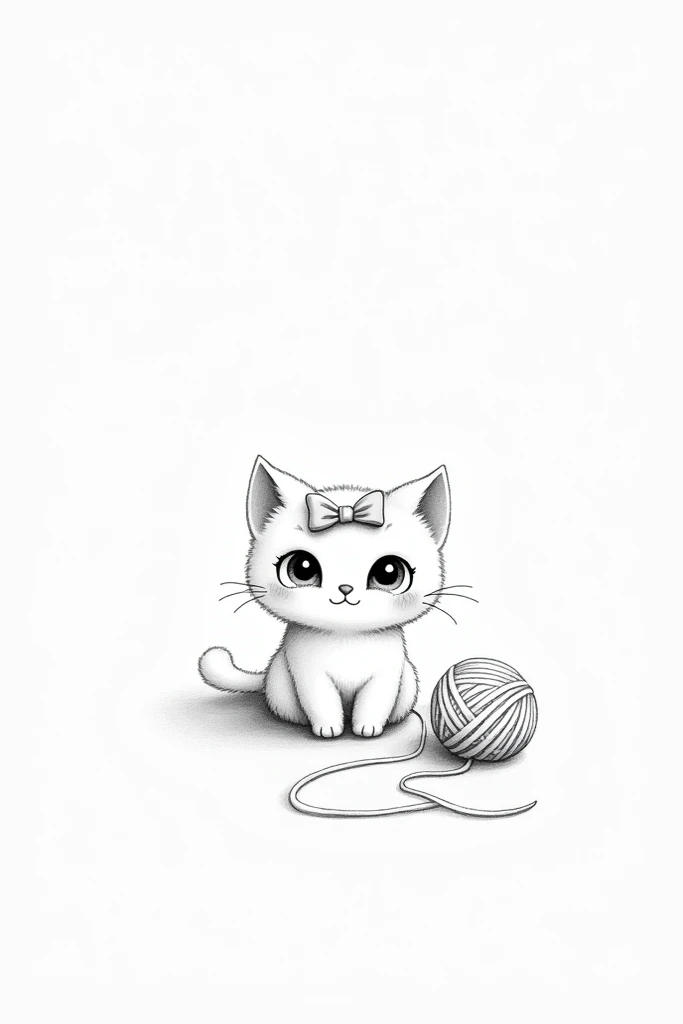 Draw a picture of a cat with a bow on its head ,  has to be a cute drawing with a ball of wool on the floor and without many details,  the cat must have beautiful eyes and the drawing in black and white 