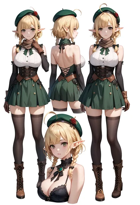 Parisian,1woman,elf,short hair,twin braids,Blonde,(slender),ahoge、empty eyes、black eyes、Big Breasts、tall,brown gloves,black elbow gloves,(black thighhighs)、(black mini beret)、 brown scarf、dark green micro dress,sleeveless,dark green skirt,(brown knee boots...