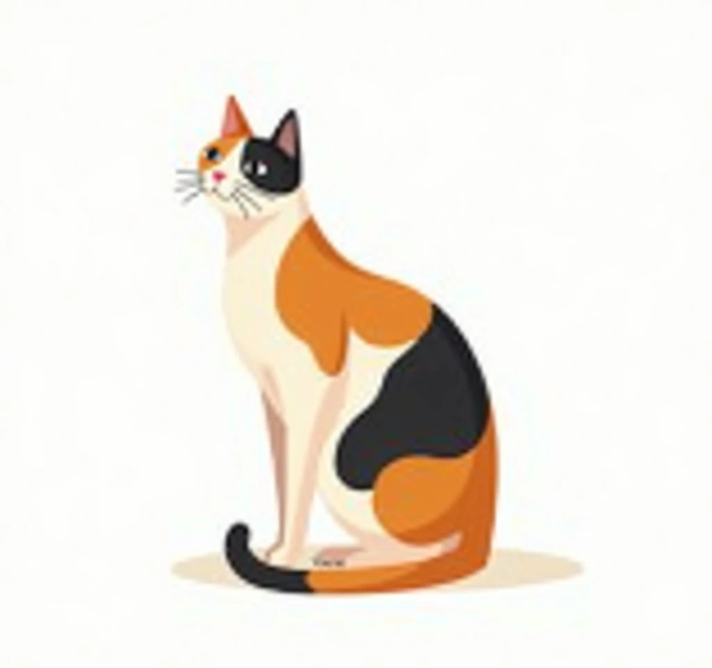 A minimalist and stylized illustration of a calico cat with a graceful, rounded posture. The cat has a soft, elegant blend of orange, black, and white patches on its fur, a slightly lifted head with an inquisitive expression, and prominent whiskers. Its cu...