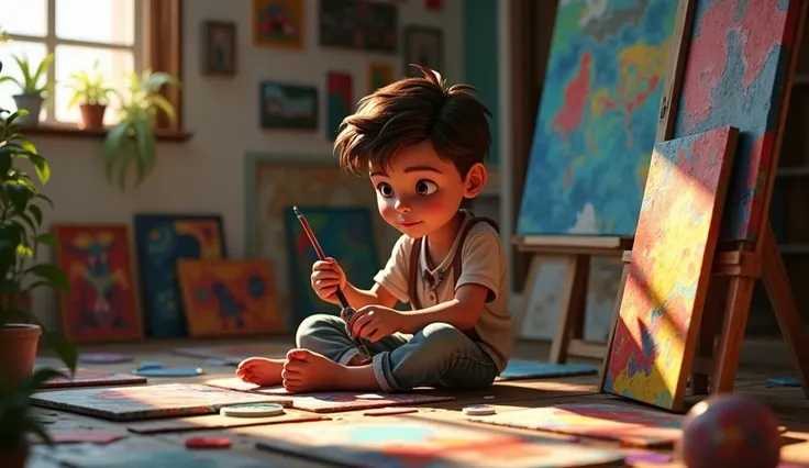 A painter boy is sitting at his house  paintings are lying on the ground around him
