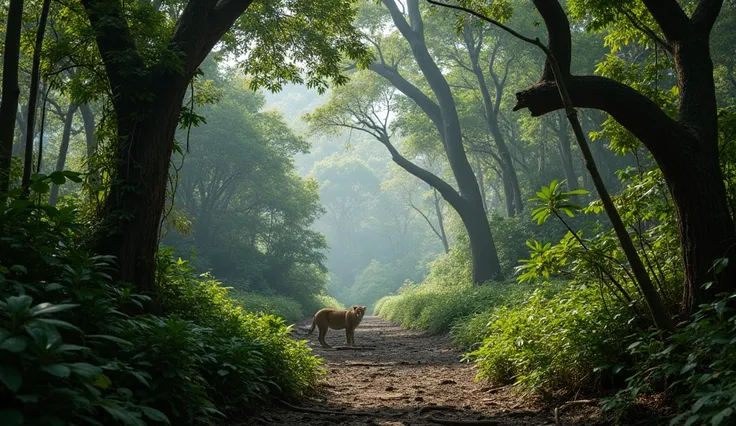 {type: photorealistic image}, a dense Amazon rainforest scene, viewed from within the forest, showcasing towering trees with lush green foliage, intricate vines, and thick undergrowth. The environment is filled with a sense of tension, remnants of a war-to...