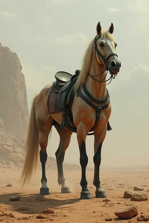 A horse in the desert is worn from the future